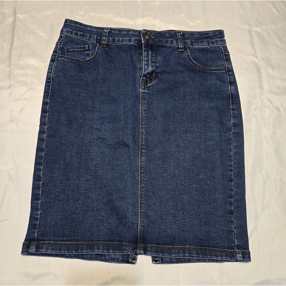 Vtg Daniel Denim Jean Skirt Knee Length Slit Medium Blue Stretch